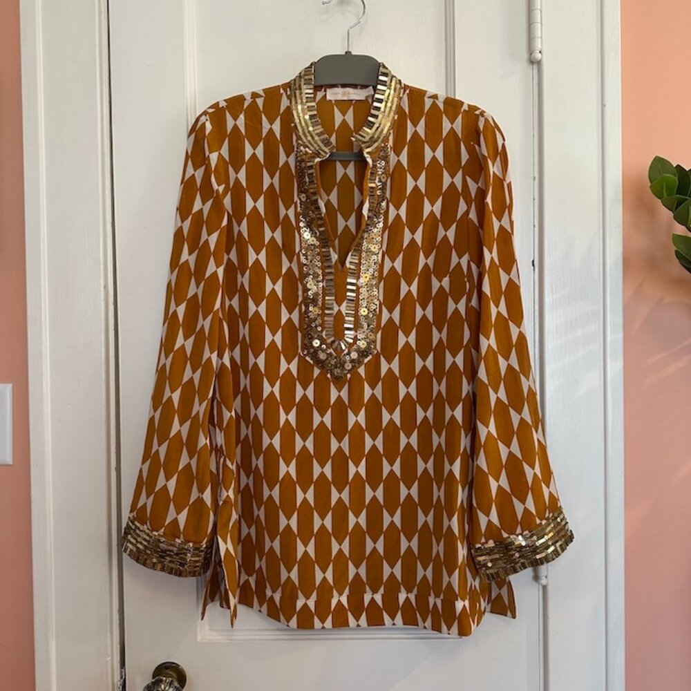 Tory Burch "Gold Diamond Tile" Silk Tunic w Gold Beading - Eveningwear sz 8 NWOT